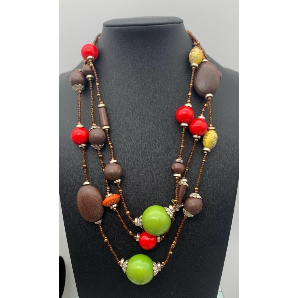 Vintage 3 Layer Wood And Acrylic Beaded Necklace Mixed With Seed Beads Boho